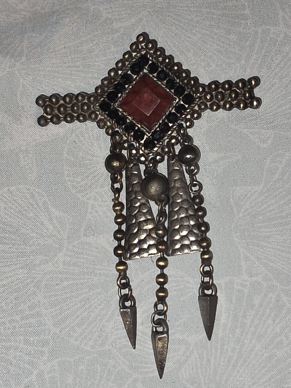 Vintage Victorian Boho Hammered Metal Dangle Brooch with Red Focal Stone